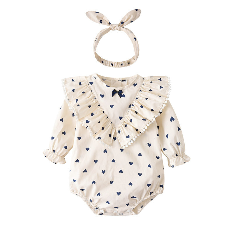 White romper with blue hearts, long sleeves, 0-1 year 