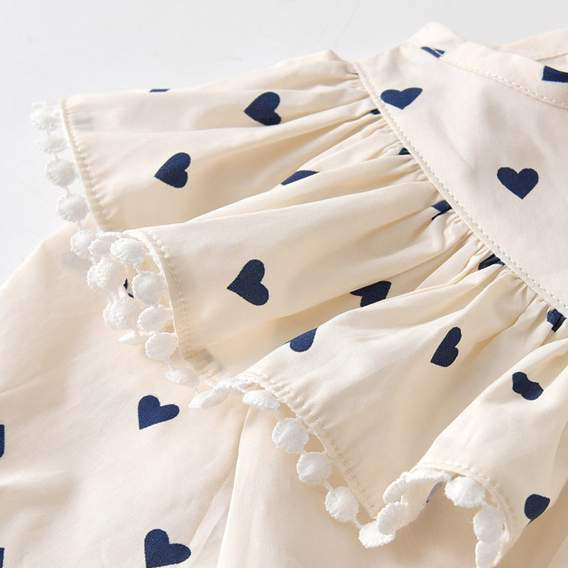 White romper with blue hearts, long sleeves, 0-1 year 