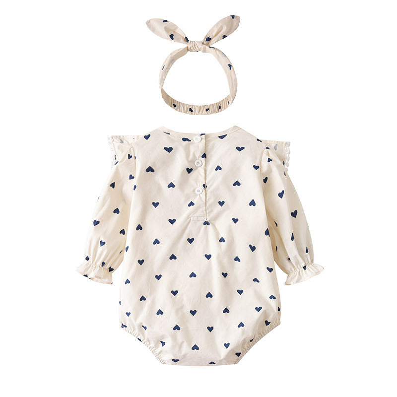 White romper with blue hearts, long sleeves, 0-1 year 