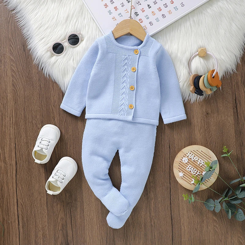 Conjunto de jersey y pantalones de lana para bebé con botones y pies 0-9 meses