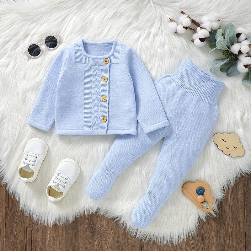 Conjunto de jersey y pantalones de lana para bebé con botones y pies 0-9 meses