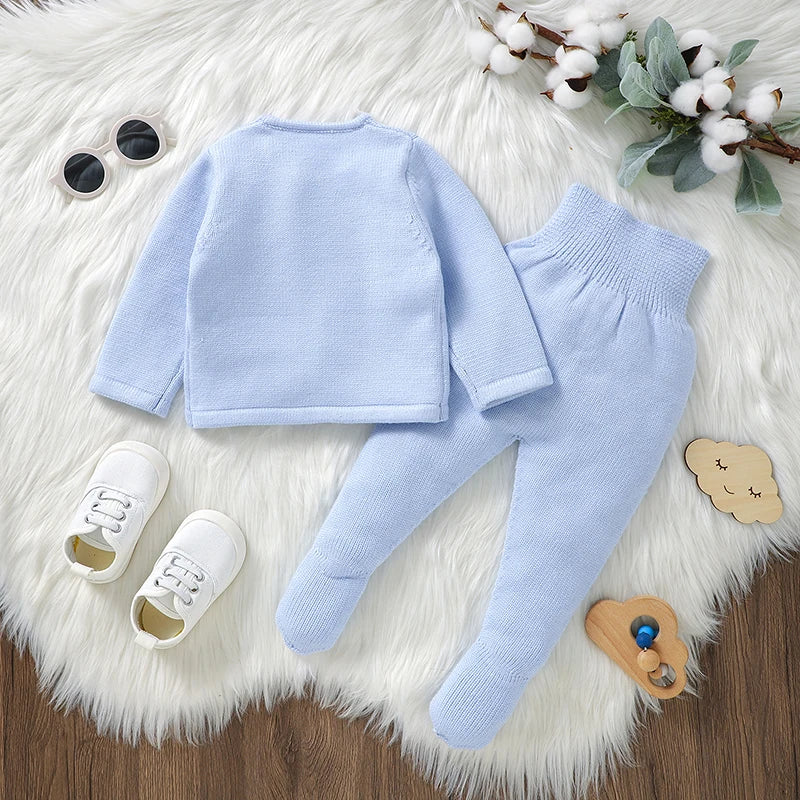 Conjunto de jersey y pantalones de lana para bebé con botones y pies 0-9 meses