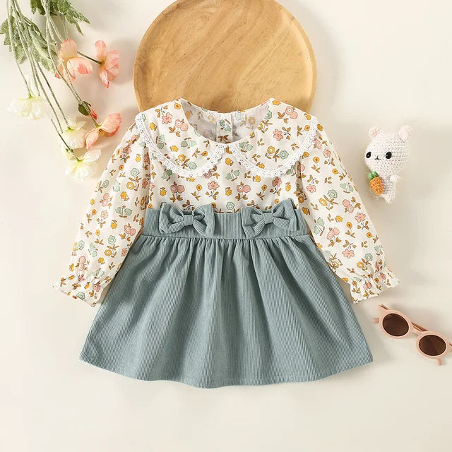 Dress with little flowers and corduroy skirt