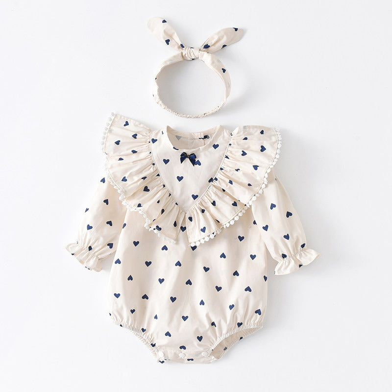 White romper with blue hearts, long sleeves, 0-1 year 