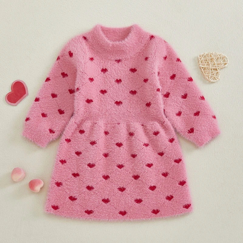 Vestido para niña de invierno rosa con corazones rojos