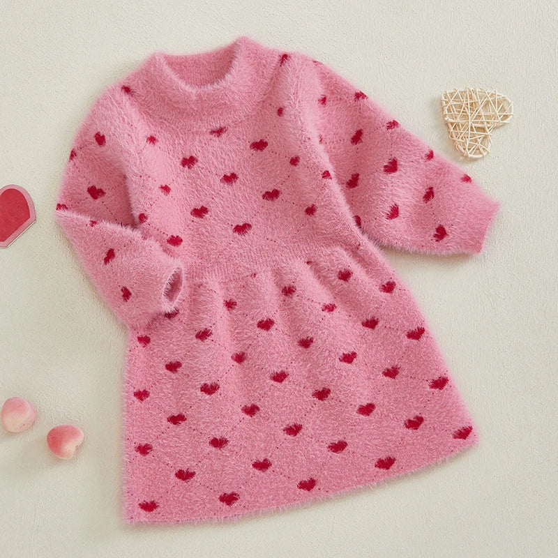 Vestido para niña de invierno rosa con corazones rojos